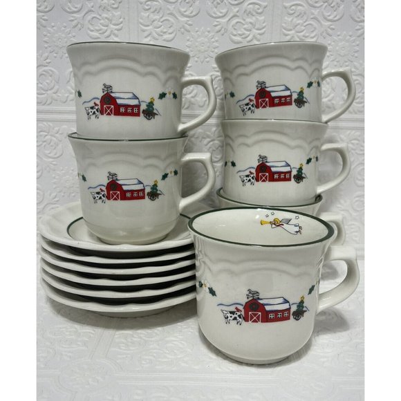 6 Christmas Cups & Saucers PFALTZGRAFF Country Scene with Barn Animals & Farmer - Picture 1 of 10